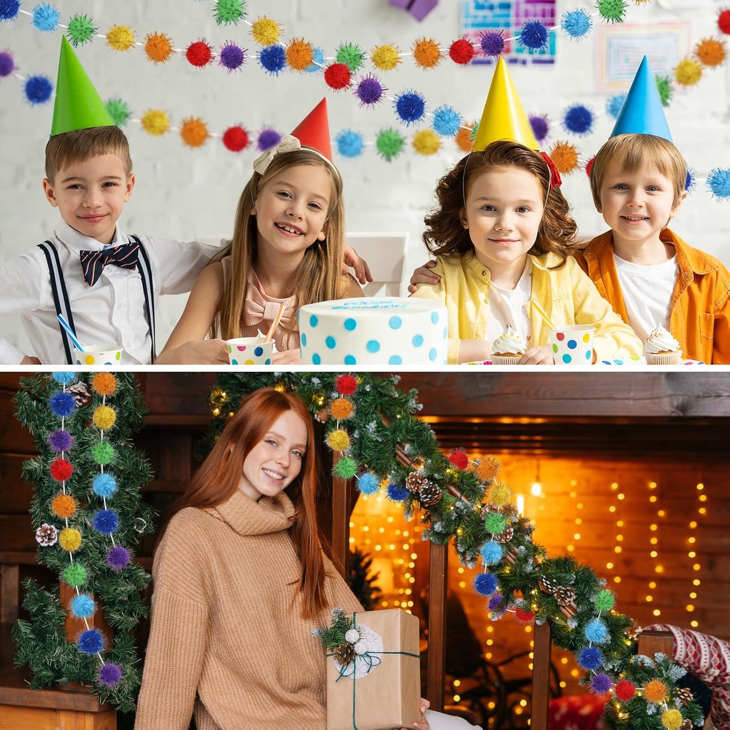 4pack Rainbow Glitter Pom Pom Garland Decorations, Christmas Felt Ball Garland for Mantle, Indoor Home Decor, Tree Ornaments, Kids Room and Party Hanging