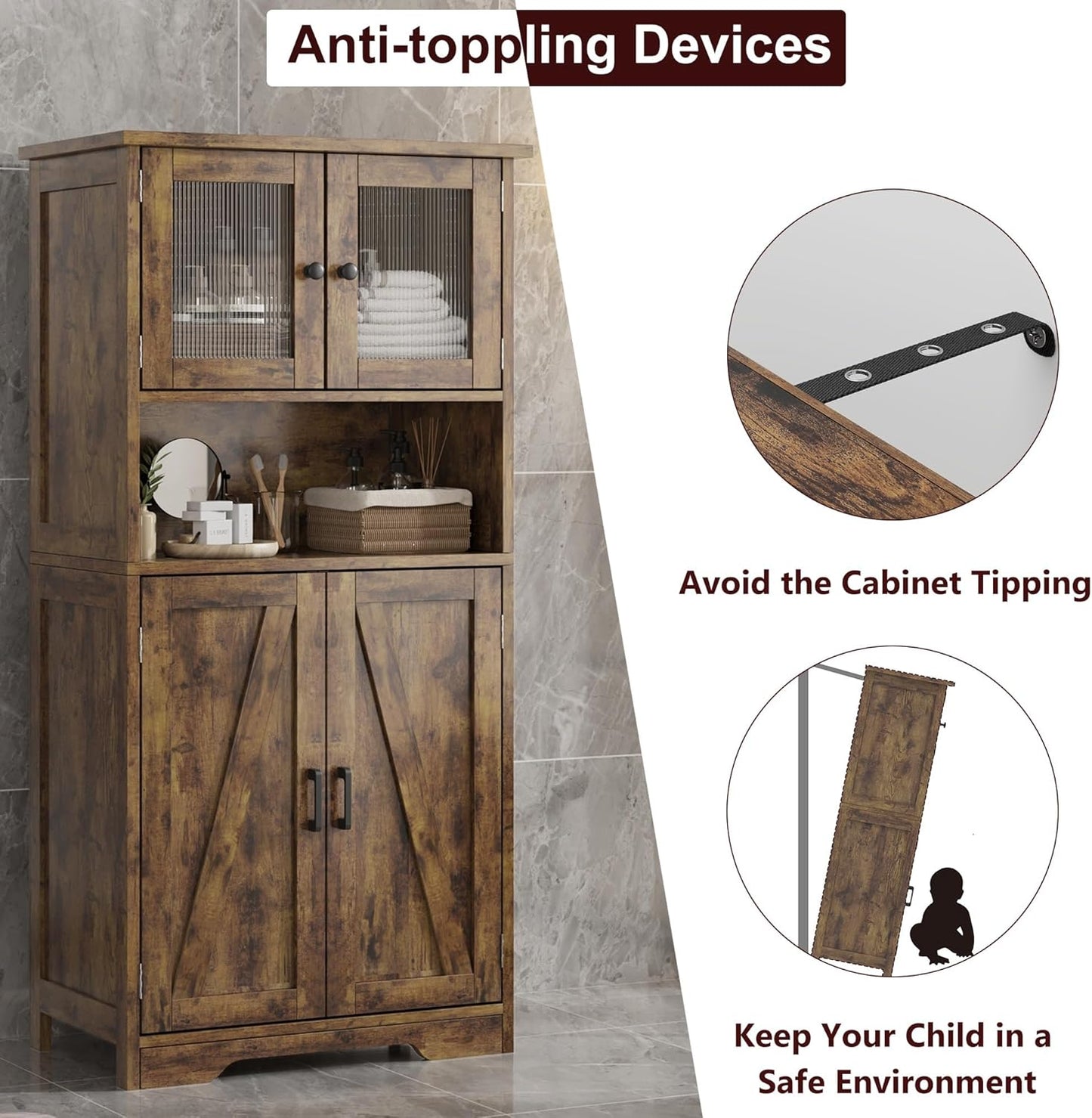 GarveeHome 54in Tall Bathroom Cabinet, Farmhouse Storage Cabinet with Glass Doors and Adjustable Shelves, Freestanding Kitchen Pantry Cabinets, Cupboard for Living Room, Dining Room, Rustic Brown