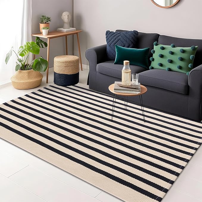 OLANLY Beige and Black Striped Rug 4' x 6' – Washable Cotton Doormat for Indoor Outdoor Use, Layered Front Porch Rug for Entryway, Kitchen, Patio