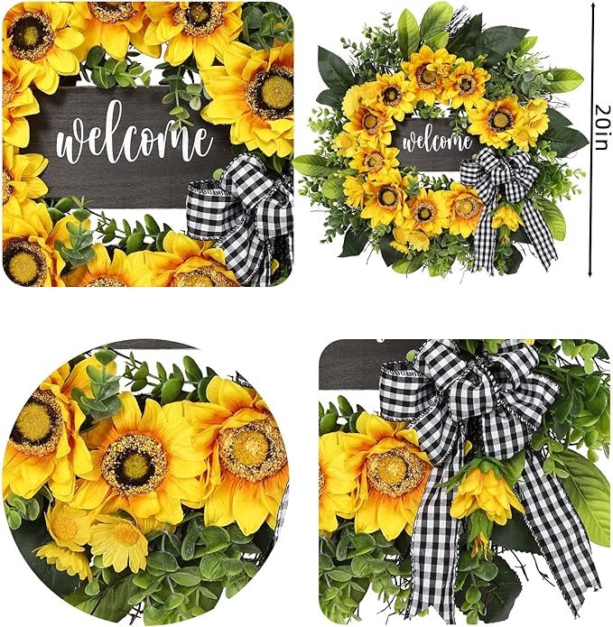 sunflower wreath with welcome,spring summer wreath for front door, unique housewarming gift,mother'day gift,farmhouse porch decor,sunflower wall decor,wedding favors,year round wreaths-20inch