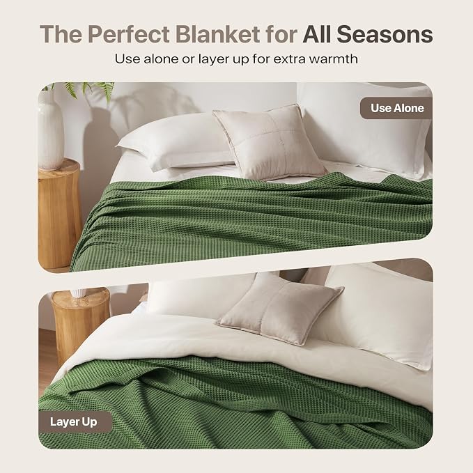Madison Park 100% Cotton Blanket, Trendy Woven Waffle Weave Design, All Season, Lightweight, Breathable, Soft and Cozy Casual Summer Cover, for Bed, Couch and Sofa, Full/Queen, Olive Green