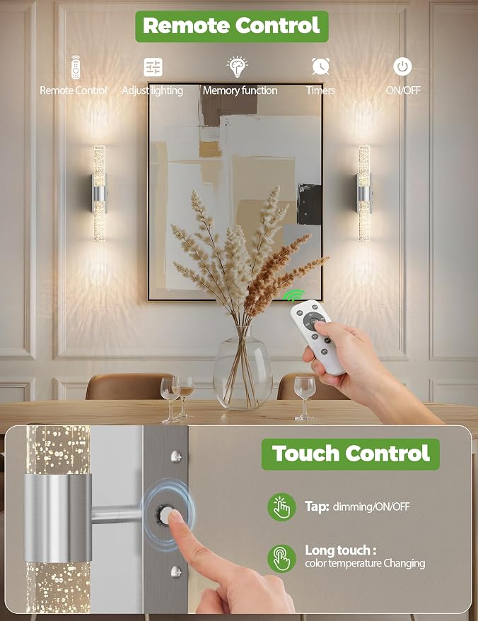 JOFIOS Battery Operated Wall Sconce Set of 2,3CCT Dimmable,10400mAh,Silver Modern Rechargeable Wall Sconce with Remote,Wireless Wall Lights for Bedroom,Living room,Hallway(15.3 inch)