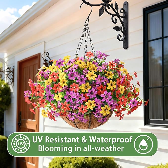 Artificial Flowers Fake Hanging Basket for Outdoor Spring Summer Decoration, 12 Bundles Faux Hanging Plants UV Resistant, Realistic Silk Flower for Outside Planters Porch Patio Balcony Yard Garden