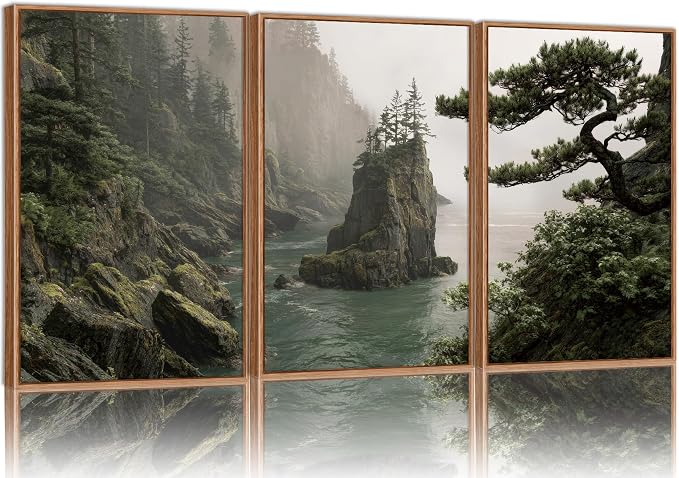 Rantodecor Coastal Forest Framed Canvas Wall Art, Pacific Northwest Coast landscape Wall Decor, Nature PNW Mountain Sea Art Paintings, Sage Green Pine Artwork for Bedroom Living Room Office 24"x36"x3