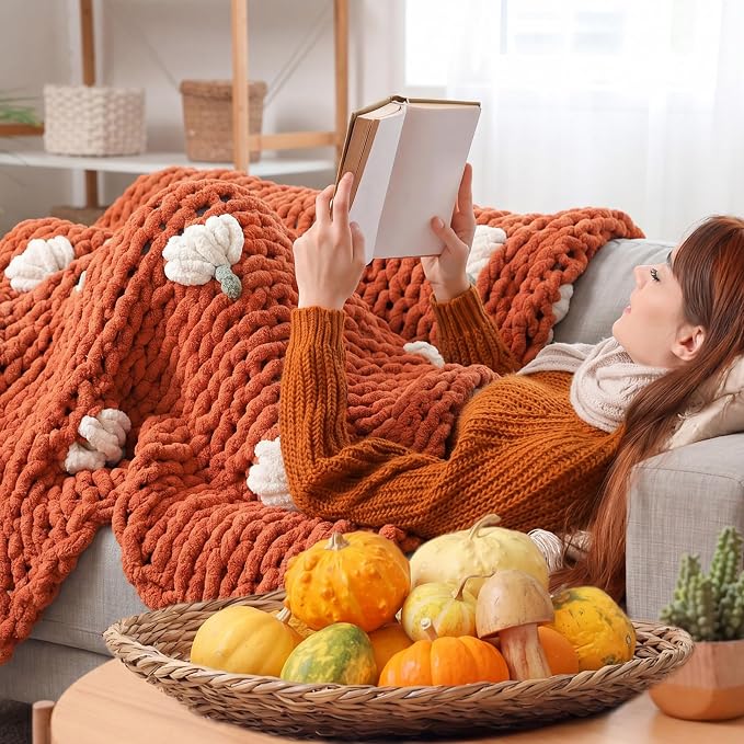Mindsoft Chunky Knit Throw Blanket Large 50" X 60" Handmade Cream Chenille Loop Yarn Fluffy Soft Knitted Throw Big Cozy Thick Cable Knit Crochet Blanket for Couch Sofa Bed (Burnt Orange,Pumpkin)