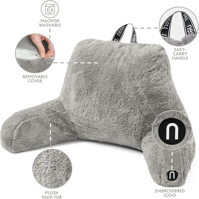 Nestl Fur Reading Pillow, Stylish Back Pillow for Bed Sitting Up, Faux Fur Bed Chair Pillow with Arms, Reading Pillows for Sitting in Bed Adult & Kids, Sit Up Back Support Pillow for Bed Rest - Grey