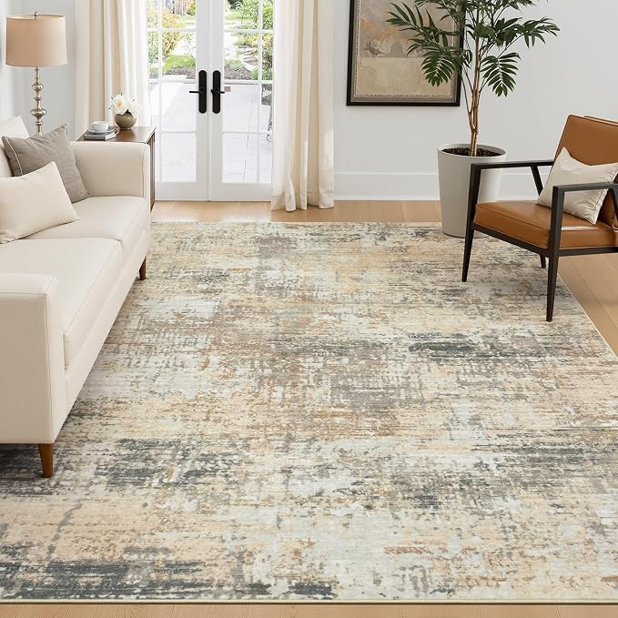 Rugflix 5x7 Area Rugs for Living Room, Washable Large Rug Stain-Resistant Low Pile, Modern Neutral Carpet for Dining Room Home Office Kid Room Nursery Bedroom, Gold/Beige/Grey