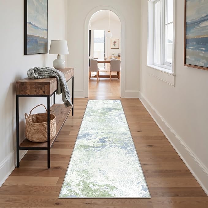 BEIMO 2X10 Runner Rug for Hallway Kitchen, Machine Washable Runners Rug for Entryway, Soft Modern Abstract Throw Rugs, Low Pile Floor Cover with Non Slip Backing, Blue Green Ivory