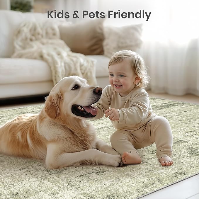 Valenrug Washable Rug 8x10 - Stain Resistant 8x10 Area Rugs for Living Room, Non Slip Backing Printed Rugs for Bedroom, Folable Machine Washable Area Rug(Green,8'x10')