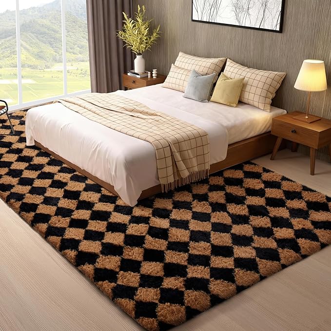 Ophanie Black & Beige Diamond Checkered Rugs for Living Room Bedroom, Large Rhombus Fluffy Soft Fuzzy Area Rugs, Plush Shaggy Bedside Floor 8x10 Carpet for Kids Baby Teen Dorm Home Decor Aesthetic