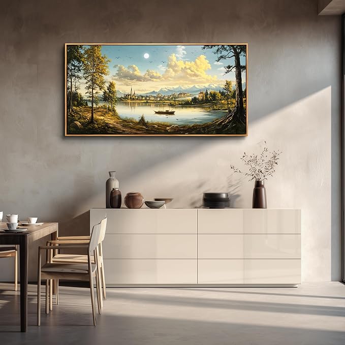 XIGUANGART Large Framed Wall Decor, Landscape Wall Art, Ocean Nature Wall Art, Riverside Farm Canvas Art Prints,Vintage Rustic Farmhouse Wall Decor Paintings for Living Room Bedroom Bathroom Kitchen