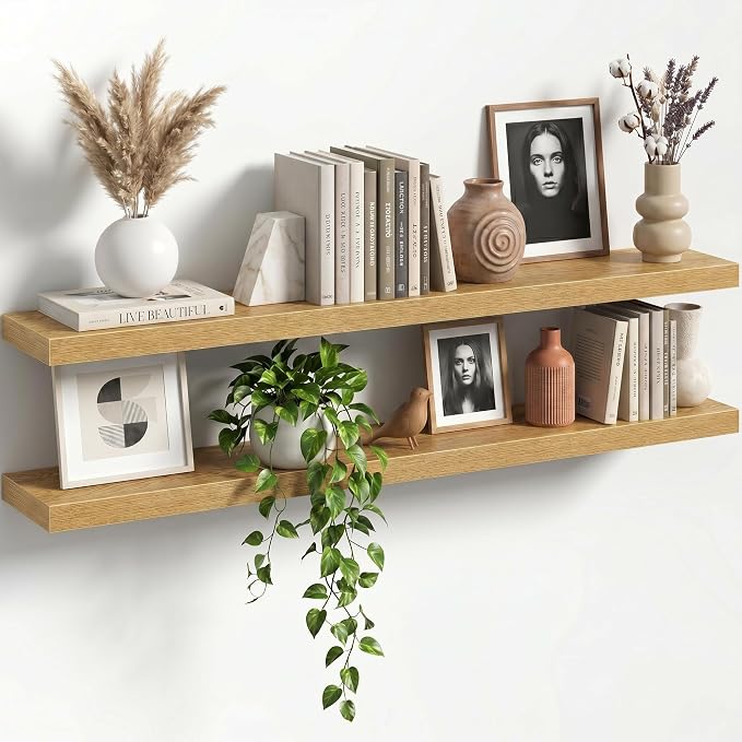 48" Floating Shelves for Wall, Set of 2, 8" Deep, 1.5" Thick, Oak Finish | Rustic Wood Wall Shelves with Invisible Brackets, Storage and Display for Bathroom, Bedroom, Living Room or Kitchen
