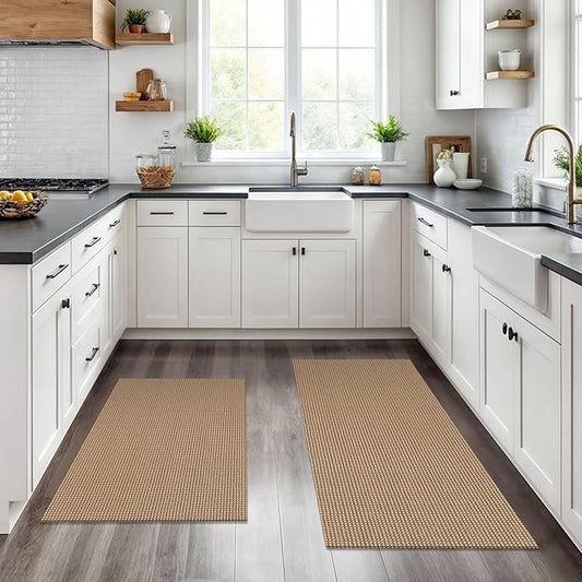 KOZYFLY Area Rug Runner Sets of 2 Pcs 2x3 and 2x6 Washable Kitchen Rugs Non Slip Rubber Backed Hallway Rug Woven Cotton Entrance Rugs for Front Porch Bathroom Kitchen Bedroom, Tan/Orange/Brown
