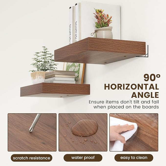 FLYJOE 12 Inch Deep Floating Shelves 16'' Walnut Floating Shelves Set of 2 | 12'' Deep Shelves for Wall, 16'' x 12'' Rustic Wood Shelves for Living Room Bathroom Kitchen Bedroom