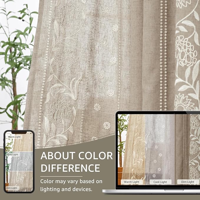 jinchan Winslow Linen Curtains for Bedroom 96 Inches Length Embroidered Bordered Floral Curtains for Living Room Farmhouse Decor Light Filtering Window Treatments Ivory on Taupe Drapes 2 Panels