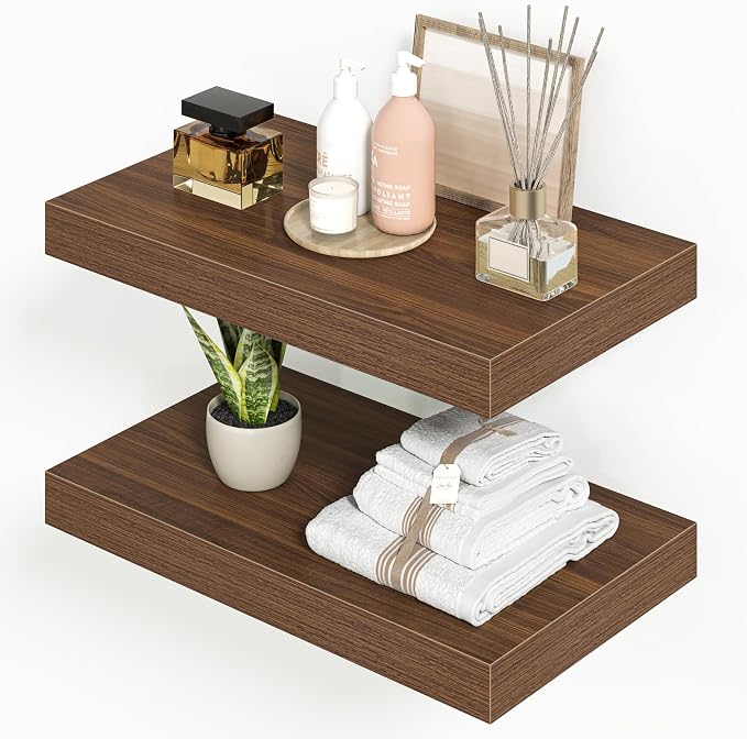 Heimlove 16 inchs Floating Shelves for Wall Set of 2,Walnut Shelf for Small Bathroom,Bedroom,Living Room,Kitchen,Modern Home Decor,Rustic Farmhouse Wall Shelves with Invisible Brackets