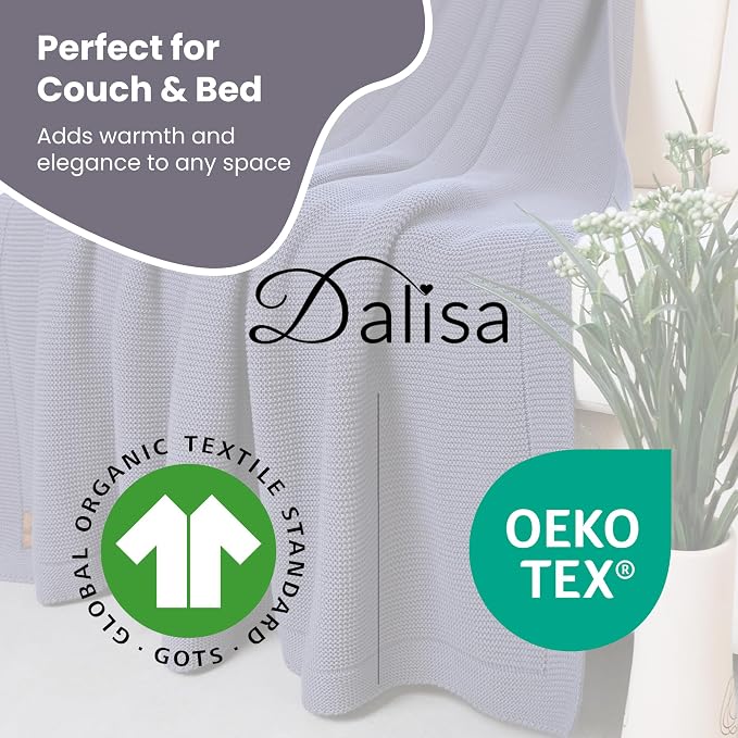 Dalisa 100% Organic Turkish Cotton Throw Blanket - GOTS Certified, Cozy - Perfect for Couch, Bed, and Home Decor - Boho Vintage Knit Alina (Grey Blue, 50x60)