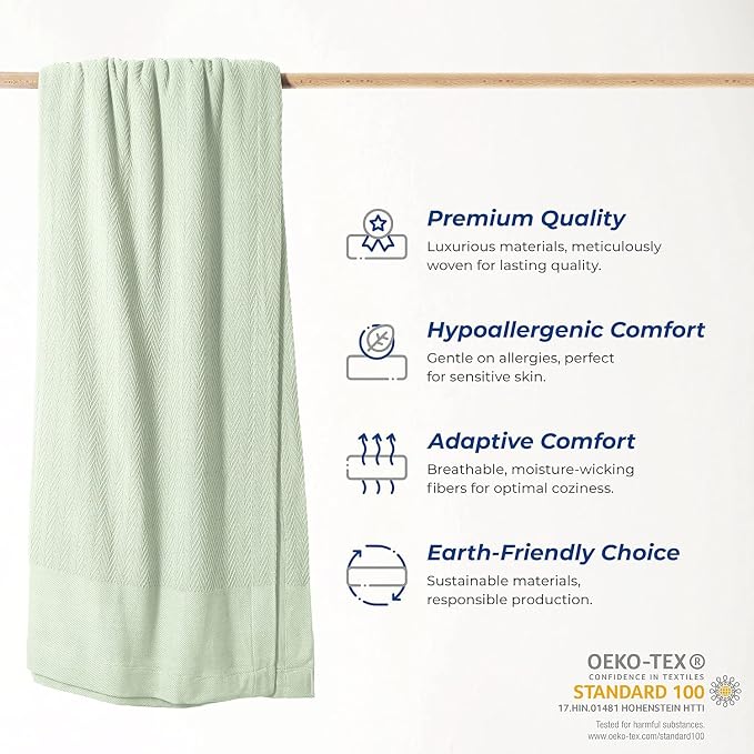THREAD SPREAD Knitted Geometric Herringbone Pattern Handwoven Blanket 100% Extra Long Staple Cotton - Soft & Cozy Thermal All Season Throw for Bed Couch Chair Outdoors (Twin/Twin XL, Sage)