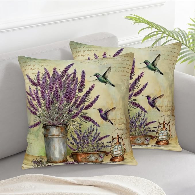 Lavender Pillow Covers Purple Flower Rustic Pillow Covers 24x24 Set of 2 Lavender Hummingbird Pillow Case Spring Vintage Cotton Linen Cushion Case for Garden Farmhouse Patio