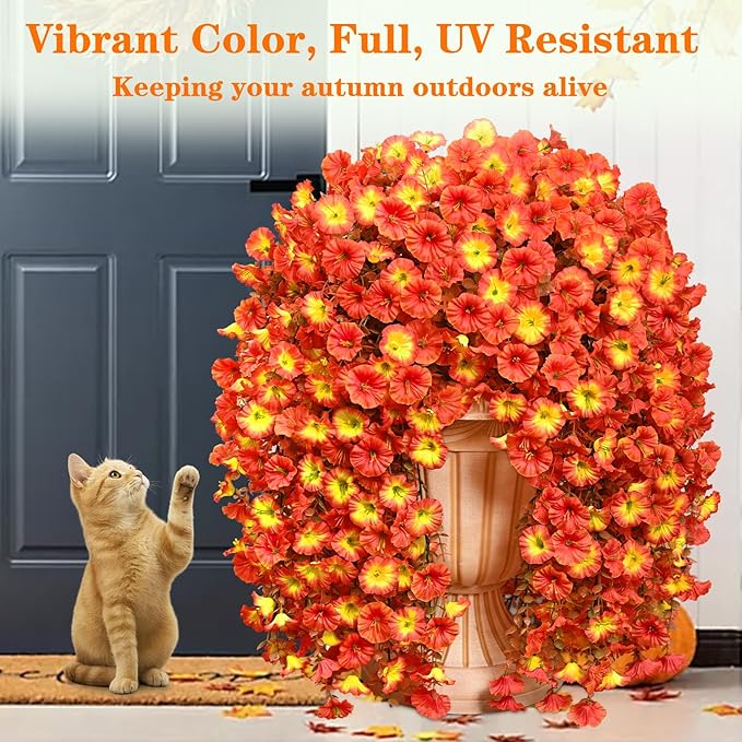 Dolicer 2 Packs Look Real Artificial Fall Flowers Mums for Outdoors, Realistic Faux Mums for Outdoor Planters, UV Resistant Fall Flowers Artificial for Decoration Front Porch (Mixed Orange)