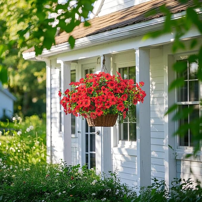 Grunyia Artificial Fake Flowers for Outdoor Spring Decoration, 16 Bundles Faux Silk Colorful Daisy UV Resistant Realistic for Outside Porch Patio Home Yard Garden Planters Pots Window Box (Red)