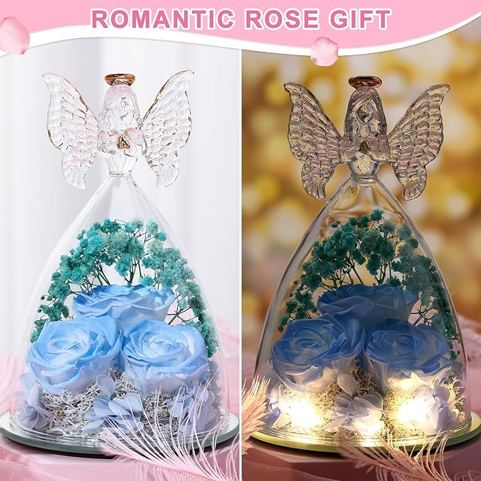Mothers Day Rose Gifts for Women Preserved Real Flower in Glass Angel Figurines Roses for Delivery Prime Birthday Gifts for Mom Grandma Girlfriend Wife Her, Sky Blue White