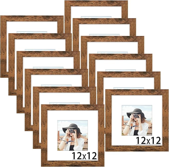 Picrit 12x12 Picture Frame Set of 12, Display 8x8 with Mat or 12 x 12 without Mat, Photo Frames for Wall Mounting Display, Brown