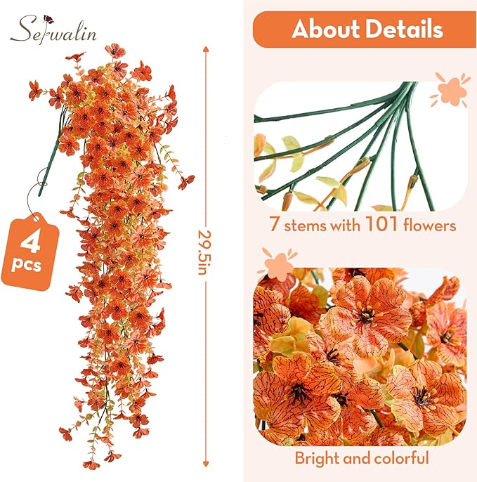 Serwalin 4PCS Artificial Mums for Outdoors, Realistic Silk Artificial Fall Flowers for Outside, Patio, Garden, Porch, Window（Fall Orange,4PCS