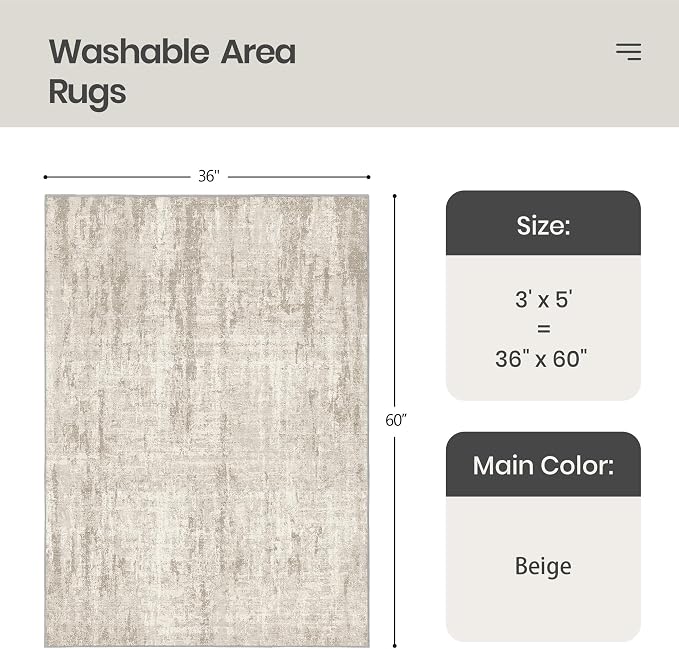 Valenrug Washable Rug 3x5 - Stain Resistant 3x5 Area Rugs for Living Room, Non Slip Backing Printed Rugs for Bedroom, Folable Area Rug(Beige,3'x5')