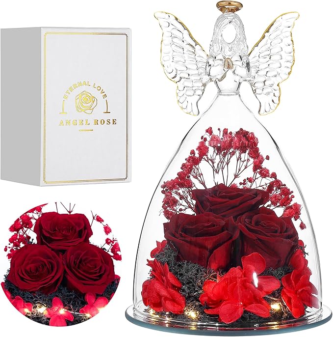 Mothers Day Rose Gifts Glass Angel Figurine with Three Roses Gifts, Preserved Forever Real Rose Gifts for Women, Angel Guardian with Rose for Mothers Day - Wine Red