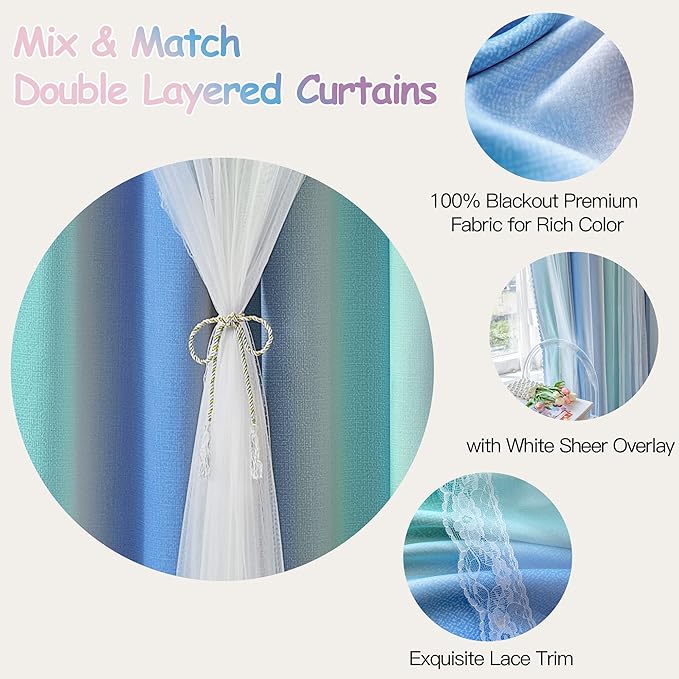 XiDi 100% Blackout Curtains for Girls Bedroom Living Room 96 Inch Length 2 Panels Kids Rainbow Blue Green Grey Mix & Match Double Layer Curtains with Sheer Overlay Grommet Window Drapes 34W x 96L