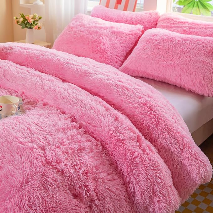 chovy Faux Fur Plush Pink Comforter Sets Full/Queen - Ultra Soft Shaggy Flannel Velvet Fluffy Fuzzy 3PC Bedding Sets （Comforter x 1 Pillowcases x 2）