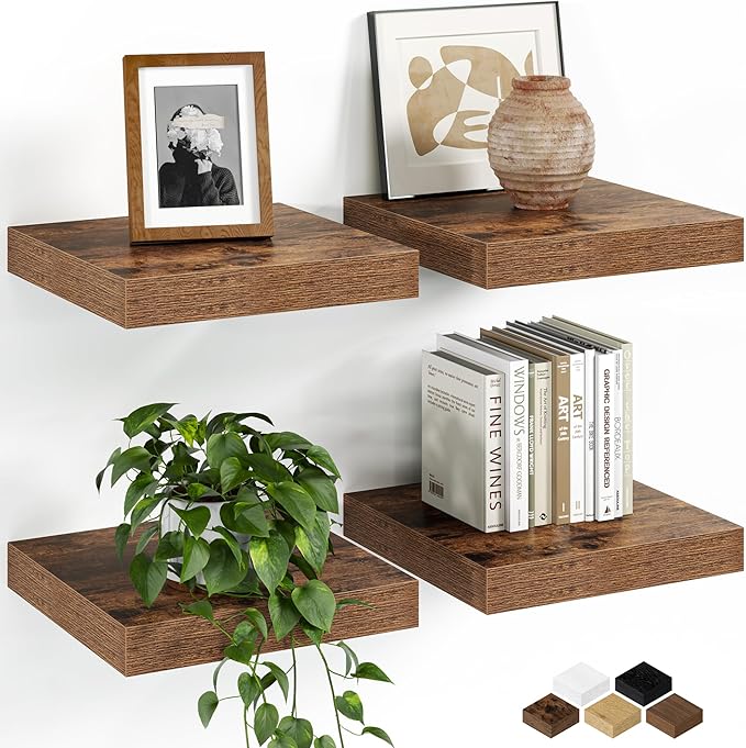 Fun Memories Floating Shelves for Wall, 9.3 Inch Set of 4 Rustic Wood Wall Shelves with Invisible Brackets, Heavy Duty Storage Display for Bathroom Bedroom Living Room Kitchen, Brown