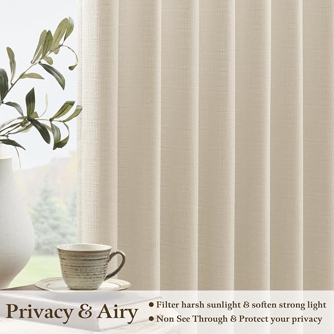 Pinch Pleated Linen Curtains 120 Inch Length Farmhouse Oatmeal Beige Linen Pinch Pleat Curtains for High Living Room Light Filtering Semi Sheer Drapes Floor to Ceiling Extra Long Window Drapes