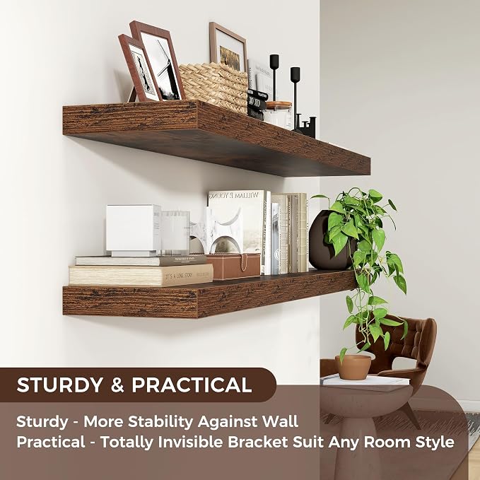 Floating Shelves for Wall 48 inch Long, Engineered Wood Wall Shelves with Invisible Brackets for Living Room Bedroom Bathroom Office Kitchen Decor and Storage, Rustic Brown Finish, Set of 2