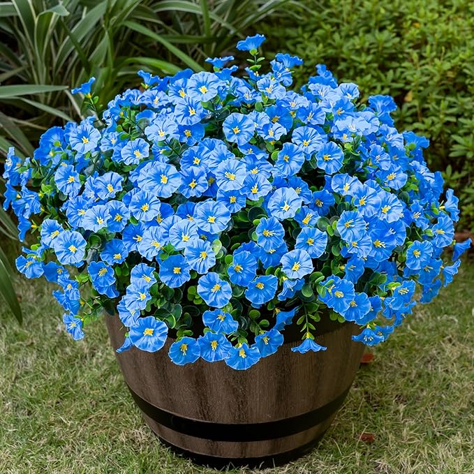 Nigirior Artificial Faux Flowers for Outdoor 16 Bundles Boxwood Fake Morning Glory for Planter,UV Resistant Fake Flowers for Home Porch Patio Outside（Blue）