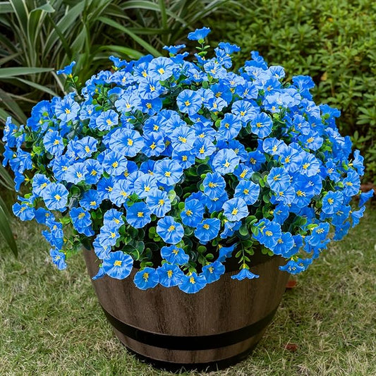 Nigirior Artificial Faux Flowers for Outdoor 16 Bundles Boxwood Fake Morning Glory for Planter,UV Resistant Fake Flowers for Home Porch Patio Outside（Blue）