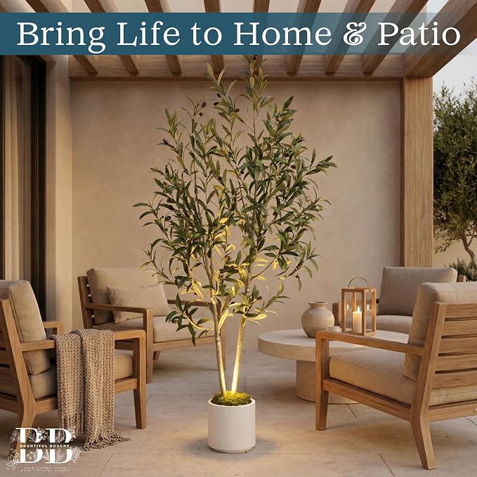 5ft Lifelike Artificial Olive Tree with Light, White Pot, Moss & LED | 711 Vein-Detailed Leaves, 40 Olives · 4ft Wired USB LED with Switch · Moss Included · Shapeable Branches · Zero Maintenance