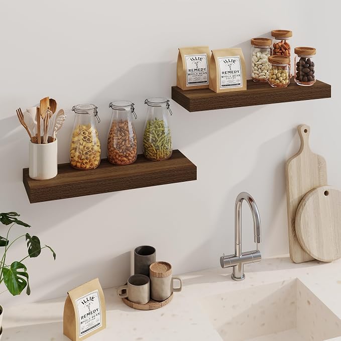 Fun Memories Floating Shelves for Wall, 24 Inch Floating Shelves Set of 2, Hanging Shelf with Invisible Brackets, Wood Shelves for Living Room, Bedroom, Kitchen, Walnut