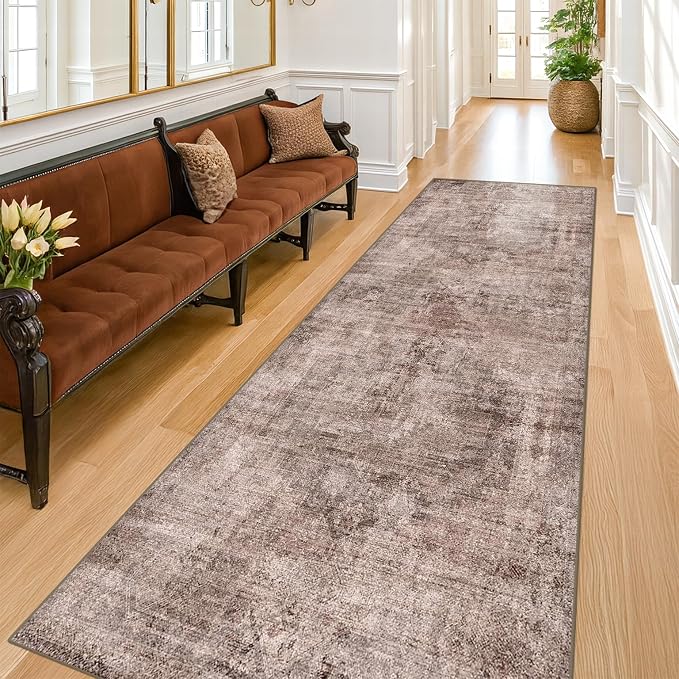 Hazo Haus 2'6" x 8' Washable Red Brown Hallway Runner Rug, Non-Slip Low-Pile