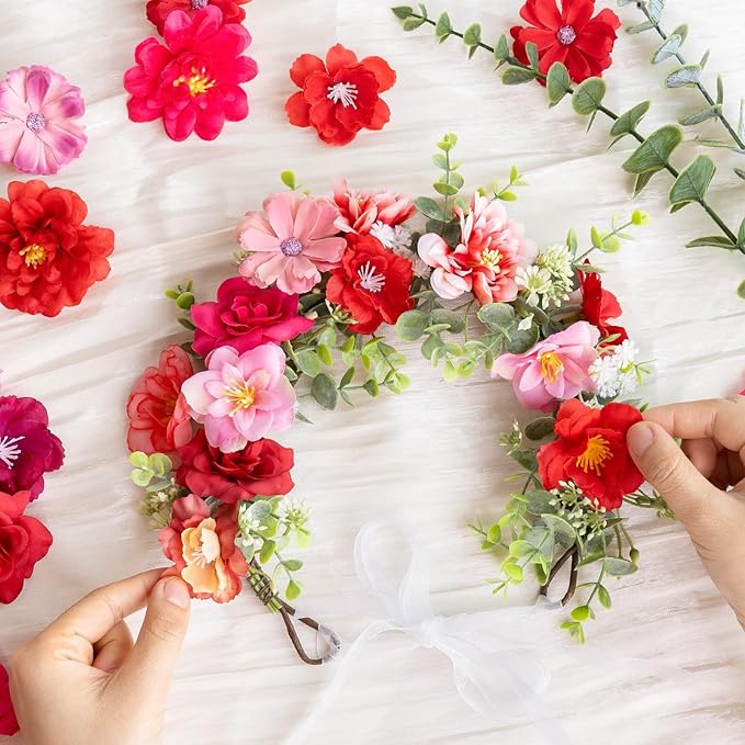 ATTGREAT 210 Pcs Mini Silk Flower Heads Small Fake Rose Daisy Faux Flowers Bulk for Crafts Artificial Loose Fabric Flowers Heads Sunflower Bulk for Wedding Hair Cap Dresses Decorations, Red