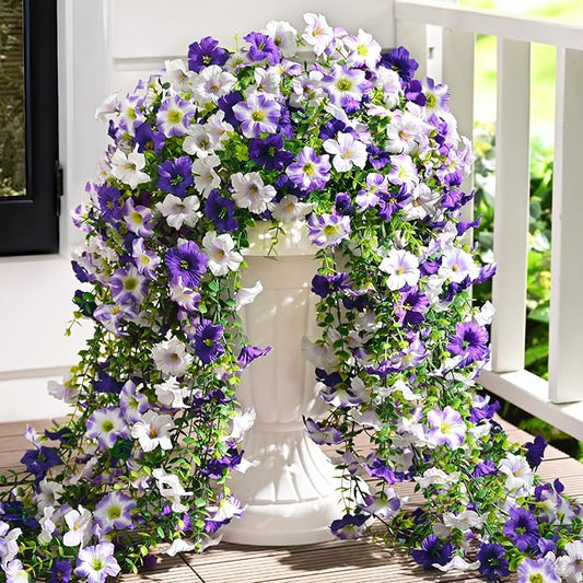 Waipfaru Artificial Petunias Flowers for Outdoors, 2 Pcs UV Resistant Fake Hanging Plants Spring Outside Decor, Faux Silk Flowers Long Trailing Vines for Outdoor Planters Porch Garden (Purple White)