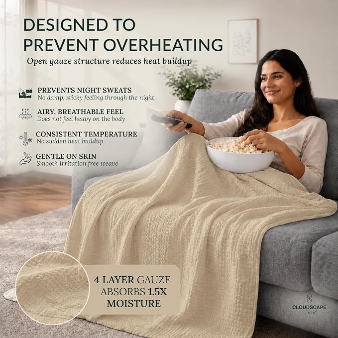CLOUDSCAPE 4 Layer Muslin Blanket for Adults - 100% Cotton Throw Blanket - 50"x70" Oversized Gauze Throw for Sofa, Couch - Soft Lightweight Breathable Muslin Cotton Throws for Summer - Fog