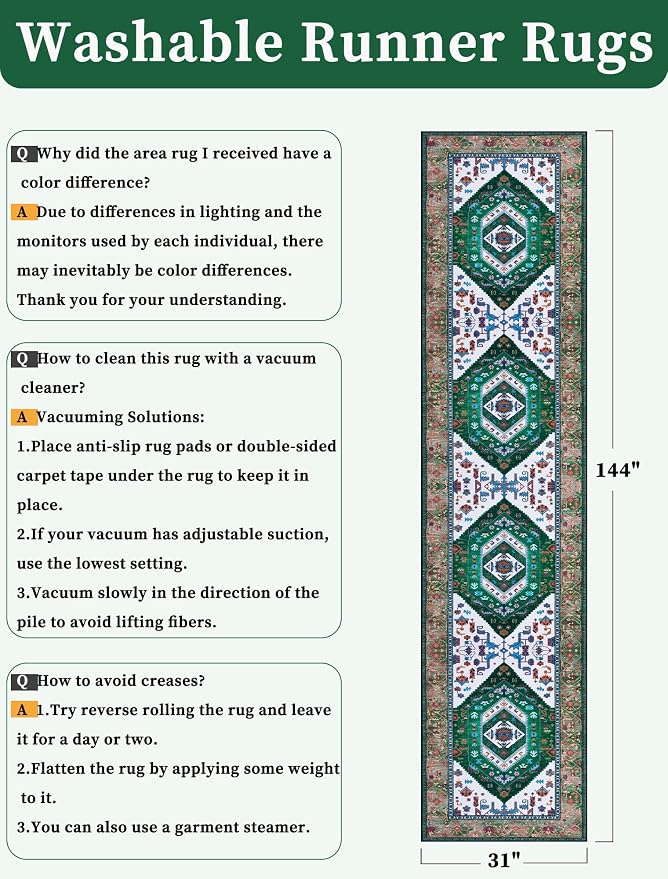 SERISSA Runner Rug for Hallways, 2'6"x12' Washable Non Slip Kitchen Runner Rug, Extra Long Boho Rug Ultra Soft Vintage Green White Print Floor Carpet for Bedroom Hallway Entryway Bathroom Laundry Room