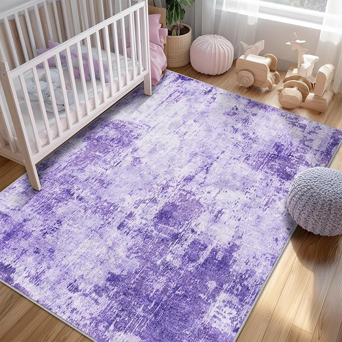 RELEANY Washable Area Rugs 8'x10' Non-Slip Modern Abstract Soft for Living Room Entryway Bedroom Nursery, Print Pattern, Purple Gray Pink White