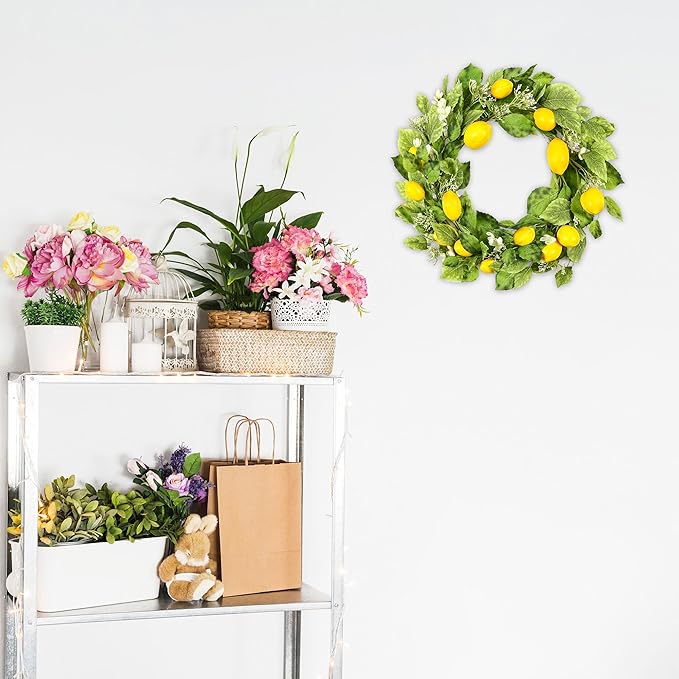 YNYLCHMX 18" Wreaths for Front Door, Artificial Floral Lemon Wreath with Green Eucalyptus Leaves, Green Foliage Wreath for Wall Window Farmhouse Party Holiday Home Decor