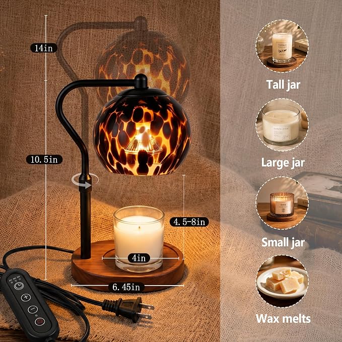 Candle Warmer Lamp with Timer & Dimmable Brightness Levels, Adjustable Height Wax Melt Lamp for Jar Candles, Tortoise Shell Glass Shade with Wooden Base, House Warming Decor Gifts Mothers Day Gifts