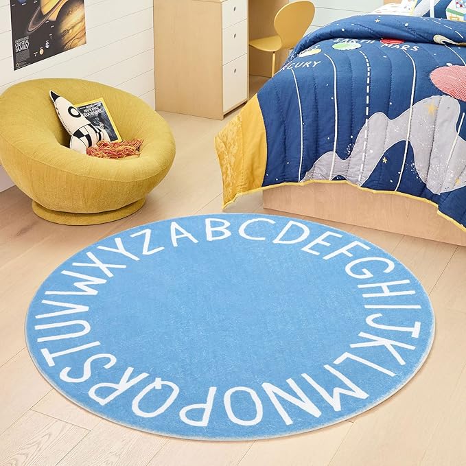 Topotdor Round Kids Play Rug Alphabet Nursery Area Rug Extra Large Soft Crawling Play Mat for Children Toddlers Bedroom (71 inch, Sky Blue)