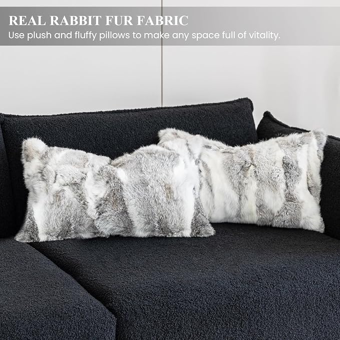 MOOX Rabbit Fur Pillow Covers Set of 2 Fur Throw Lumbar Decorative Pillow Fuzzy Soft Fluffy Genuine Animal Skin 12"x20" Sofa Couch Bed Cover, Couch-Grey White