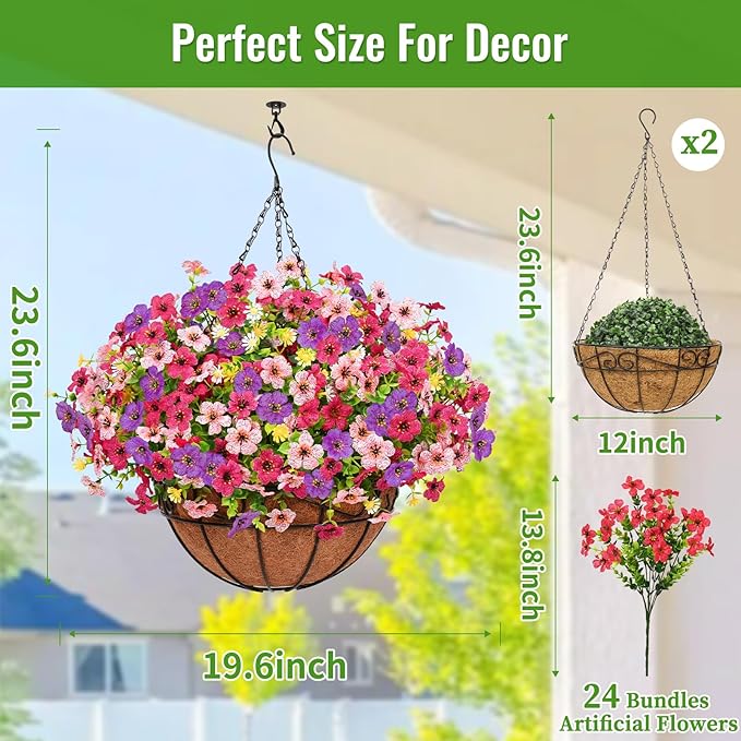 2 Pack Artificial Hanging Flowers for Outdoors, Fake Hanging Plants with 12" Baskets, 24 Pcs UV Resistant Artificial Hanging Flowers for Decoration Outdoors Garden Patio Porch Yard Spring Summer Decor